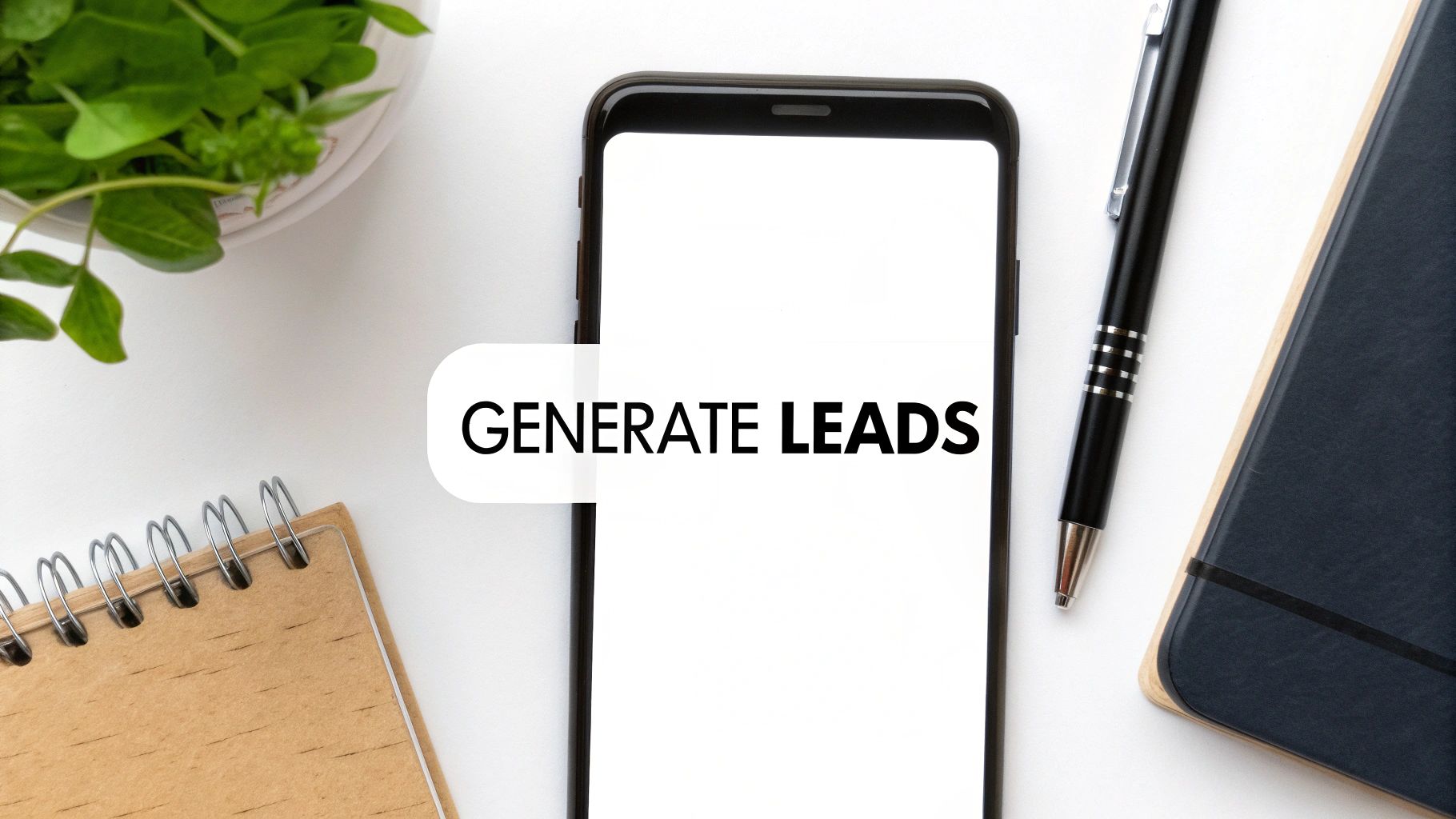 Flat lay of a desk with a smartphone displaying 'GENERATE LEADS', alongside a plant and office supplies.