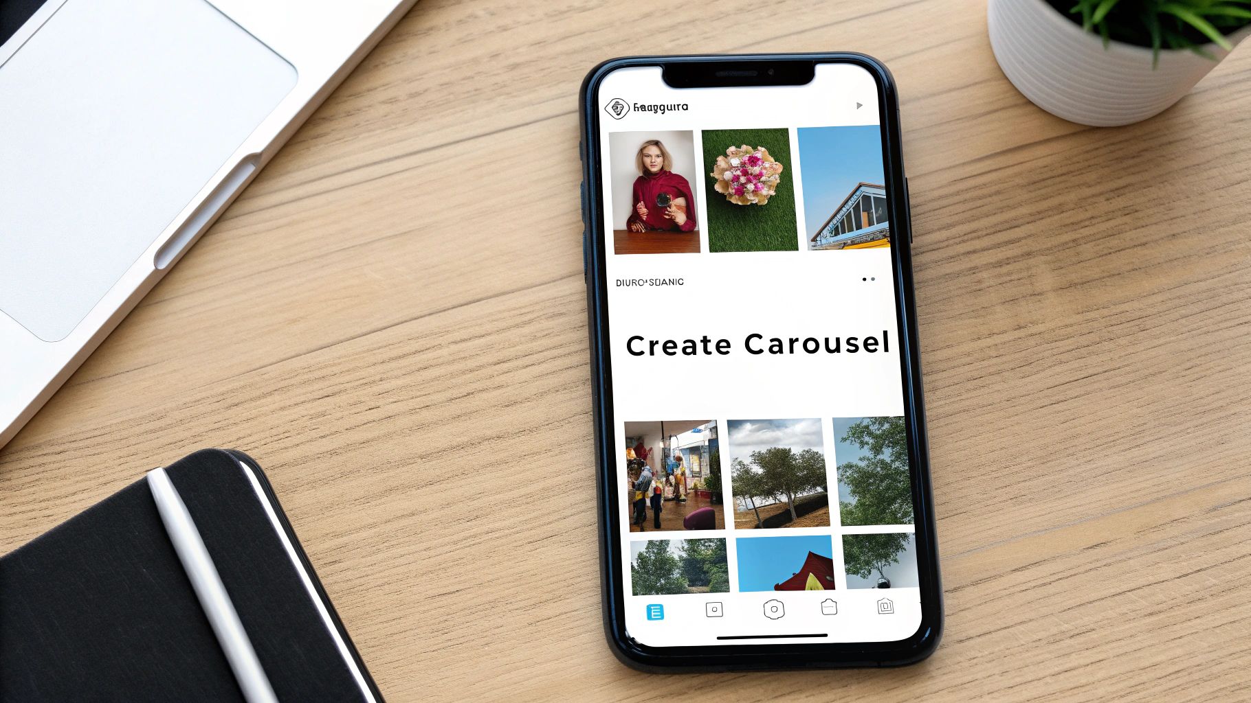 An iPhone on a wooden desk showing an app screen for creating a photo carousel, displaying various images.