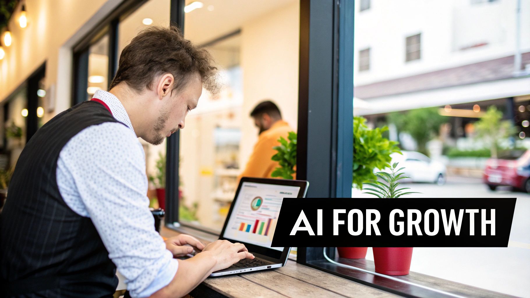 A man working on a laptop displaying charts and graphs, with 'AI FOR GROWTH' text overlay.