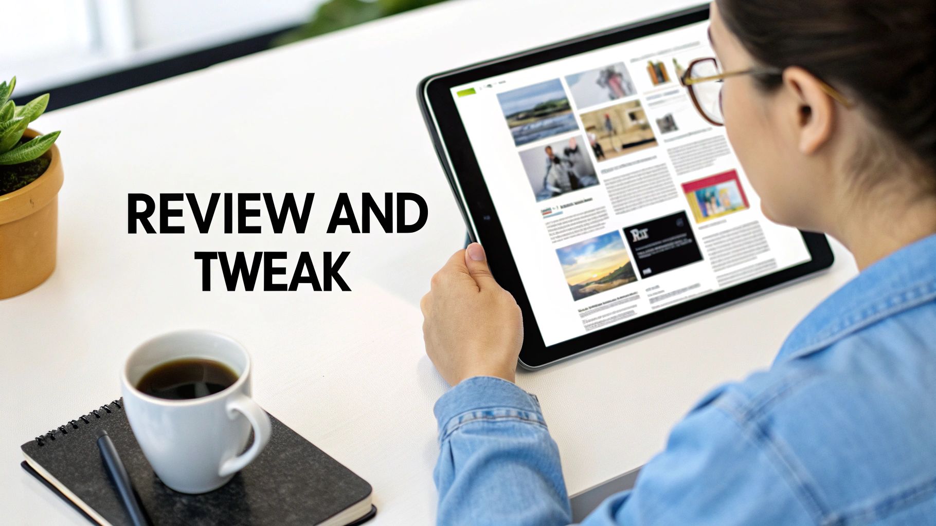 A person reviews content on a tablet at a desk, with coffee, a notebook, and a plant.