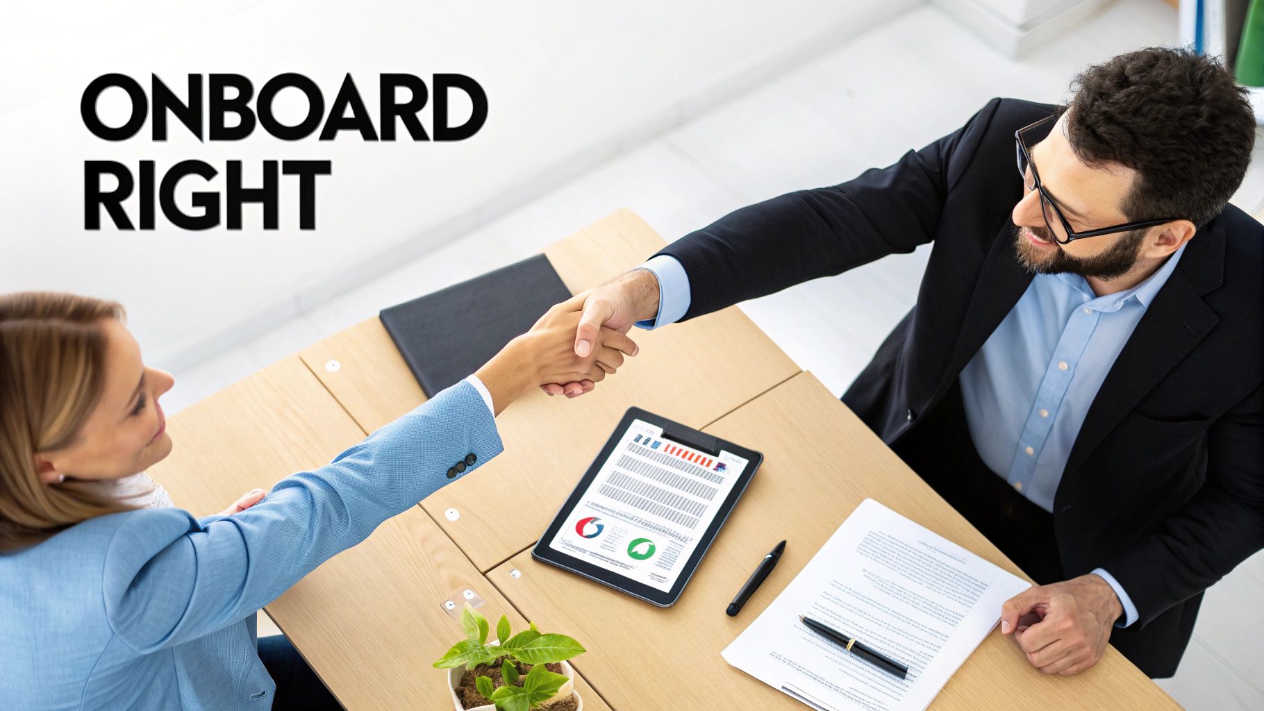 Two business professionals shaking hands across a desk with a tablet and document, text reads 'ONBOARD RIGHT'.
