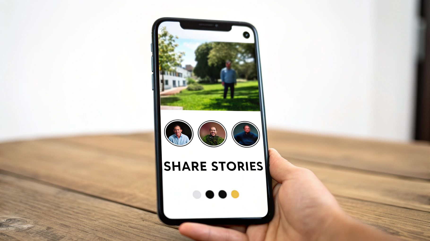 A hand holds a smartphone displaying a 'Share Stories' app with profile pictures and an outdoor background.