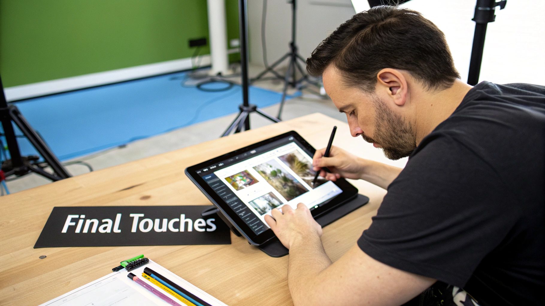 Bearded man editing photos on a creative display with a stylus, near a 