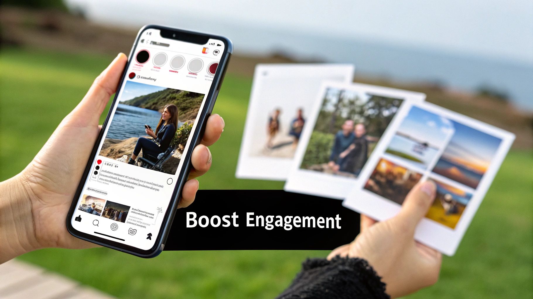 Hands holding a smartphone with an Instagram post and physical photos, with 'Boost Engagement' text.