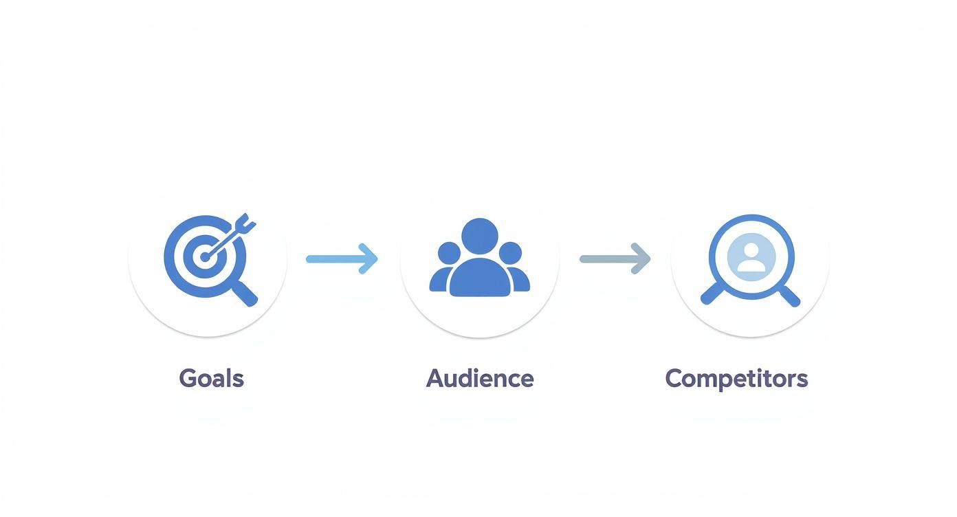 Icons illustrating the process of defining marketing goals, understanding the target audience, and analyzing competitors.