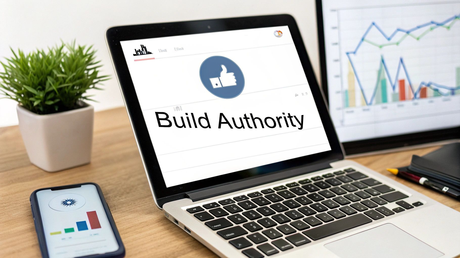 A laptop screen displaying 'Build Authority' with a thumbs-up icon, alongside a smartphone, plant, and graphs.