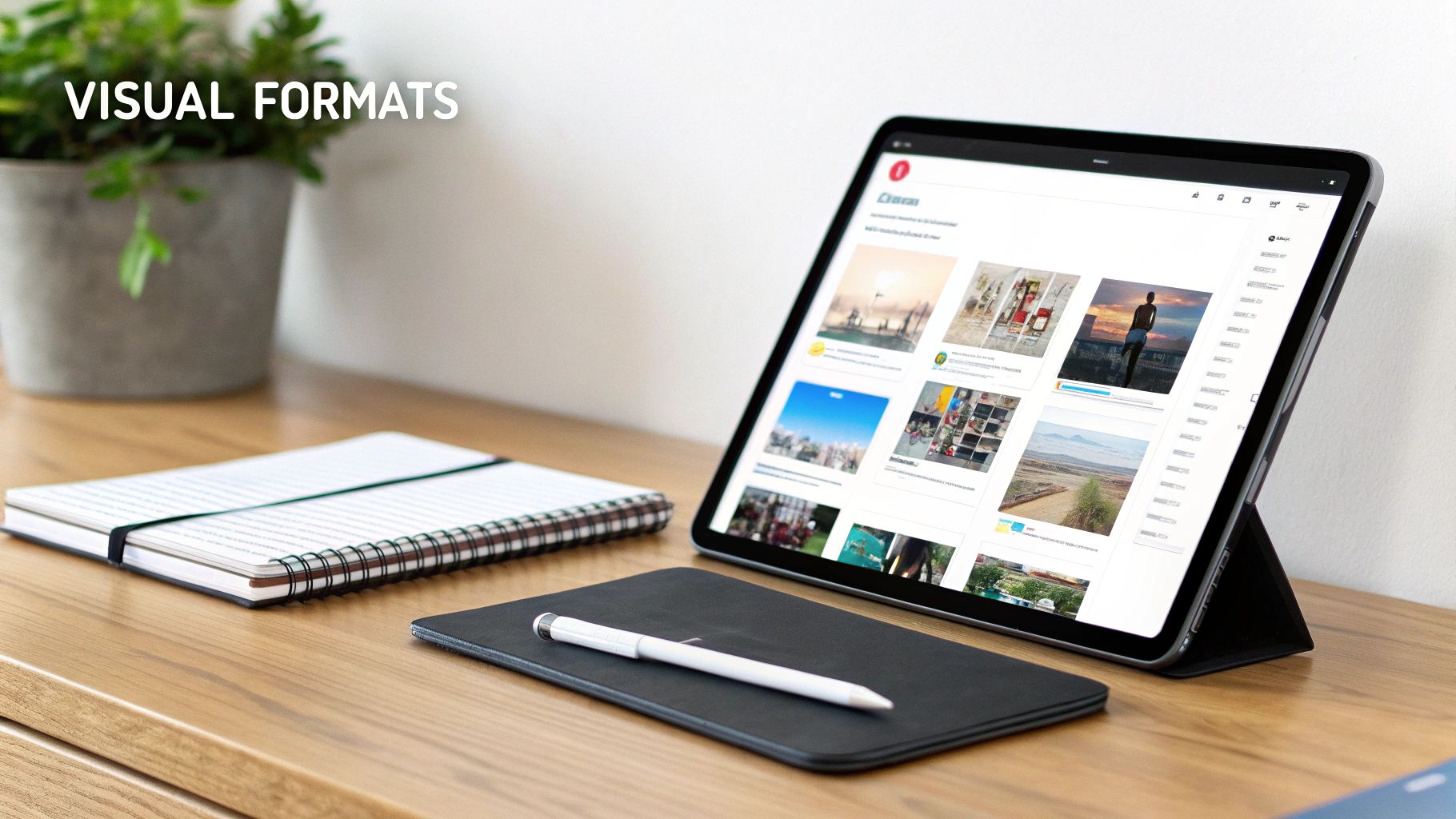 A sleek digital tablet displaying diverse visual content, a notebook, and a stylus on a wooden desk.