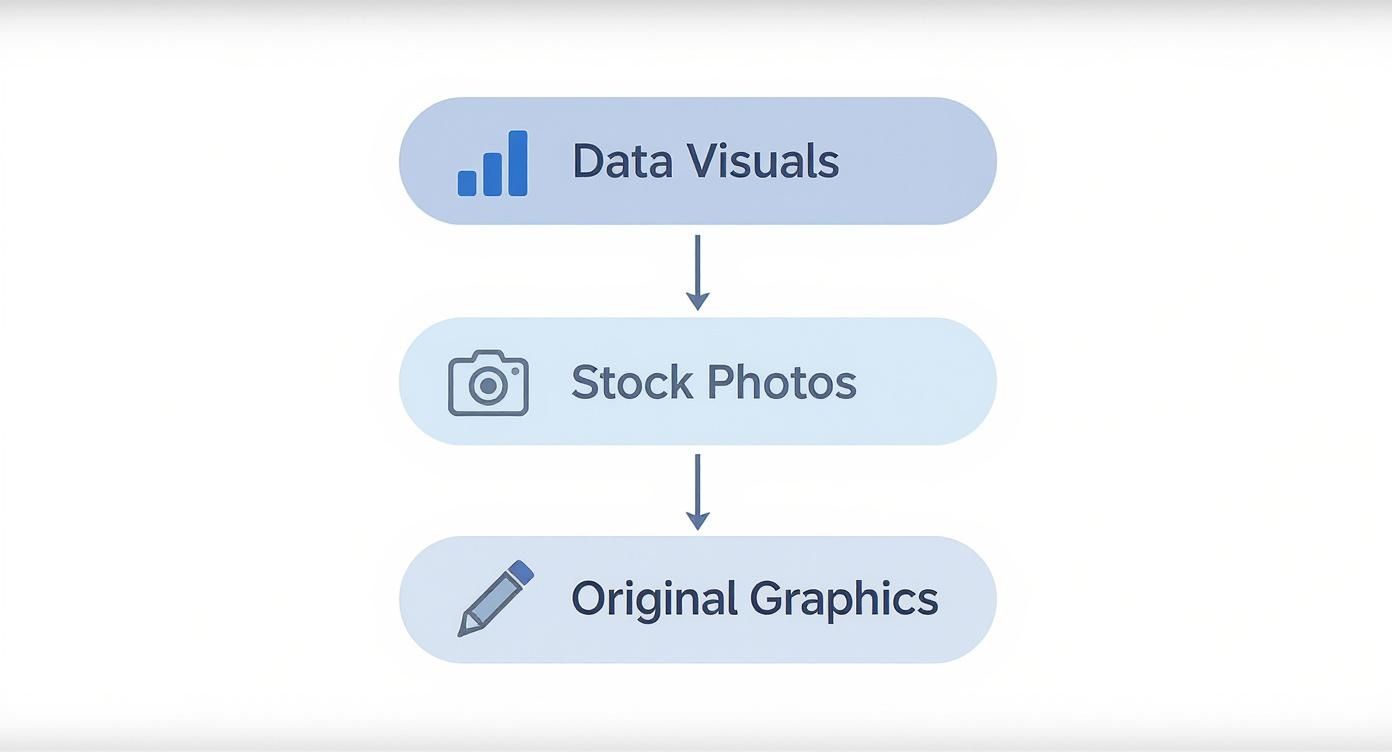 Flowchart showing three types of visual content: Data Visuals, Stock Photos, and Original Graphics.