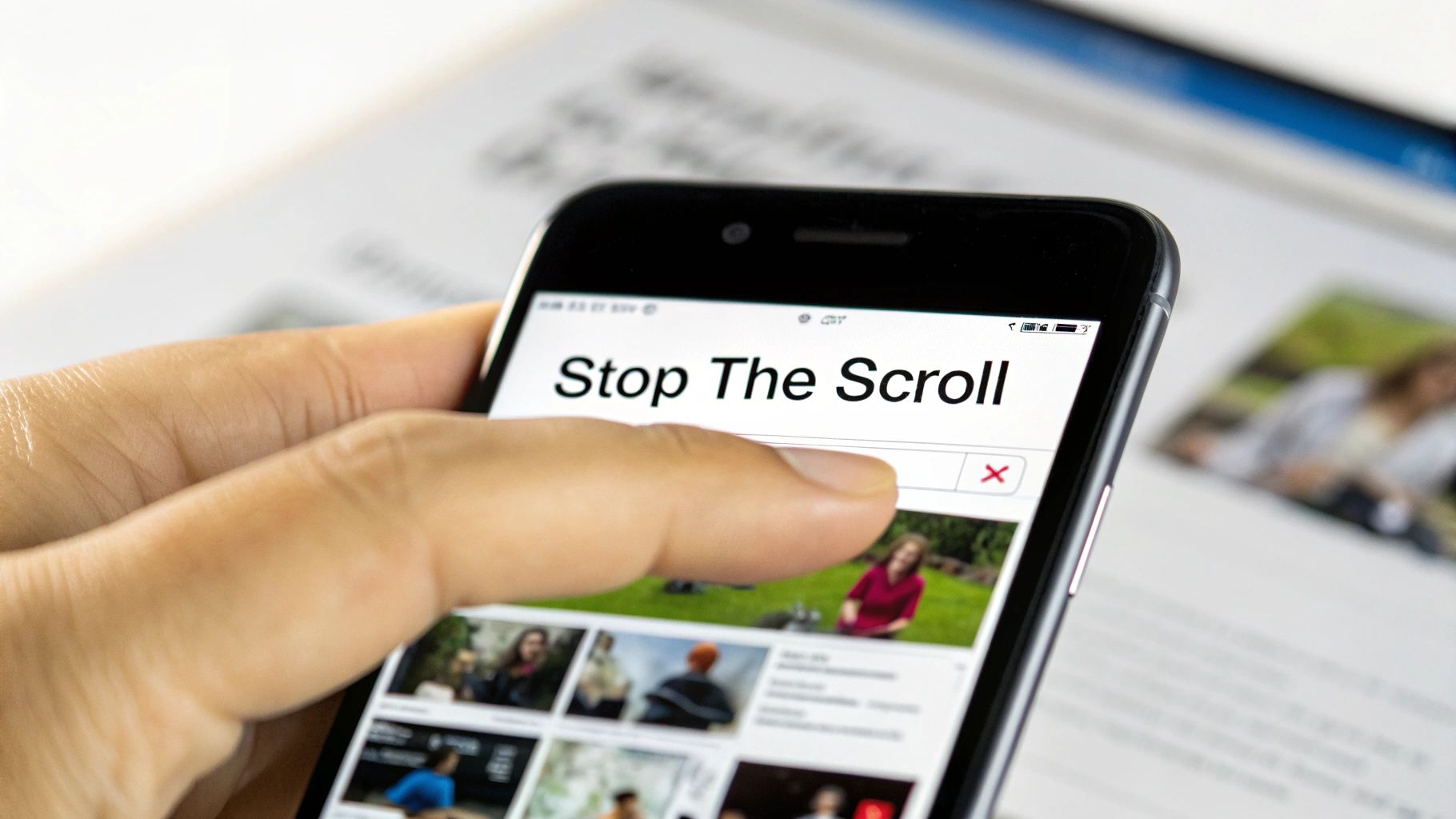 A hand interacts with a smartphone displaying 'Stop The Scroll' text and various content thumbnails.
