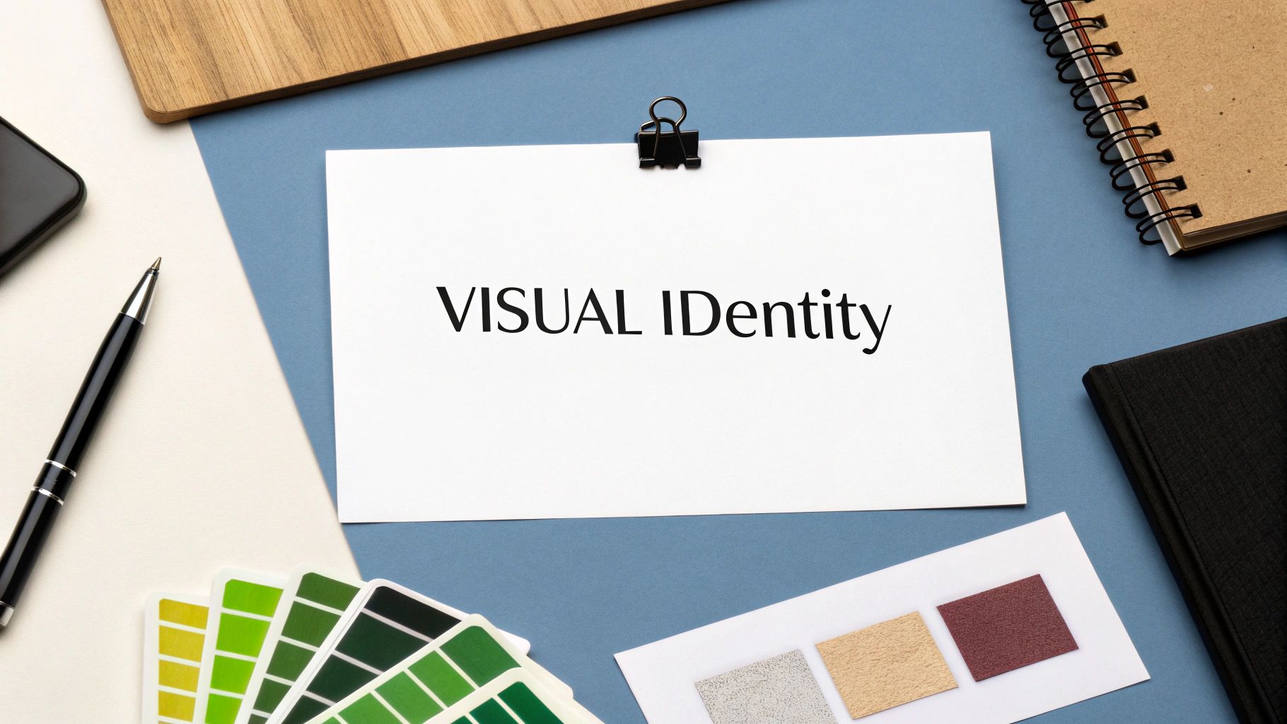 A flat lay shows a paper with 'VISUAL IDentity', color swatches, material samples, and design tools.