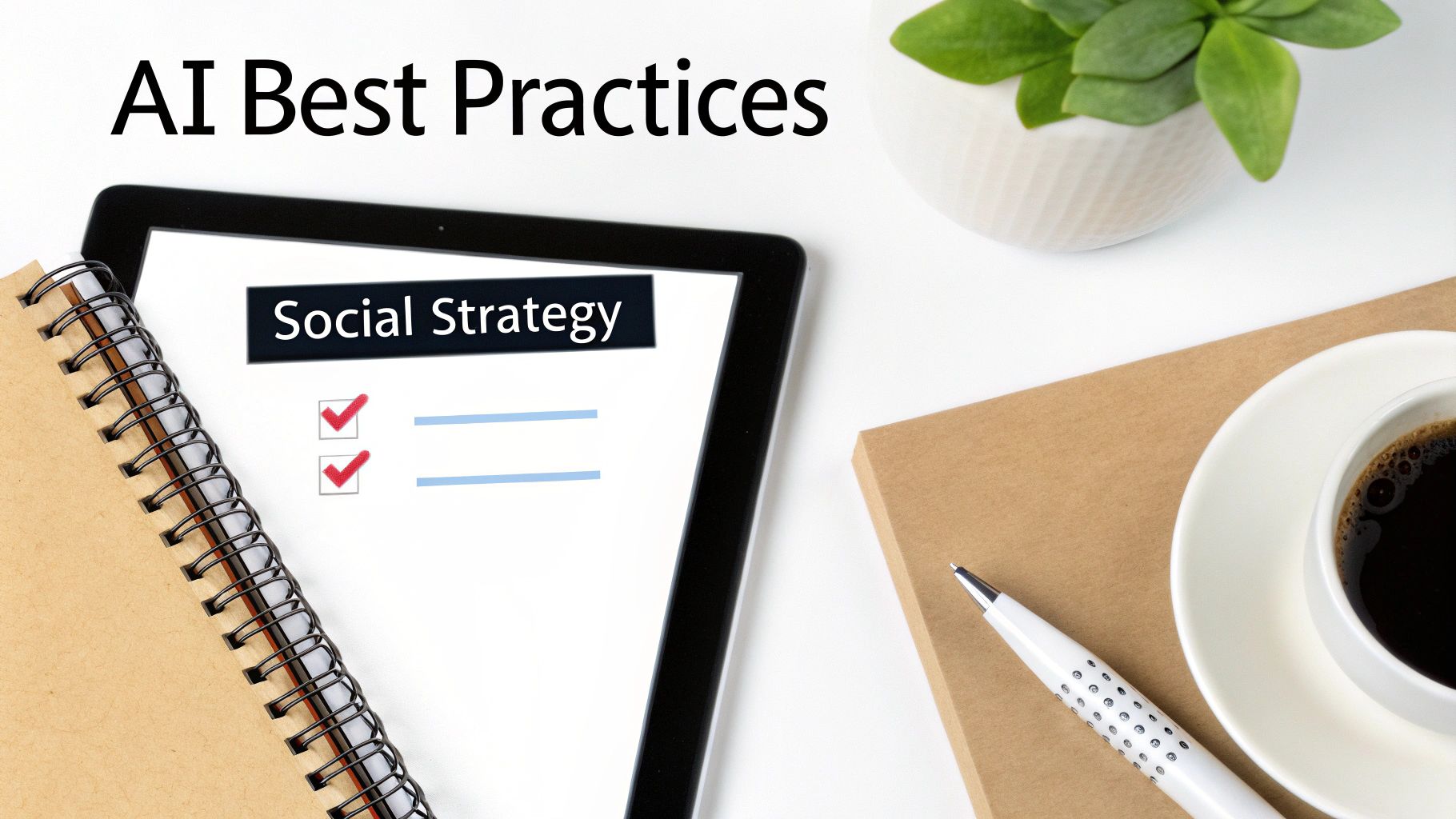 Tablet displaying 'Social Strategy' next to 'AI Best Practices' text, with notebook, pen, and coffee.
