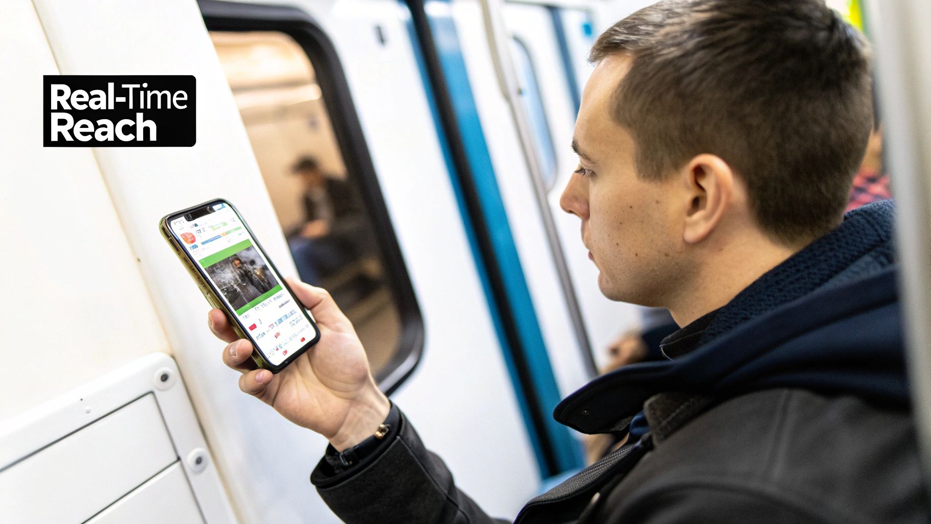 Man checking social media app on smartphone while commuting on public transit