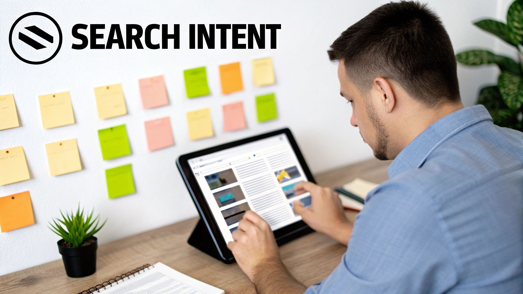 Man researching search intent on a tablet, with colorful sticky notes on the wall.