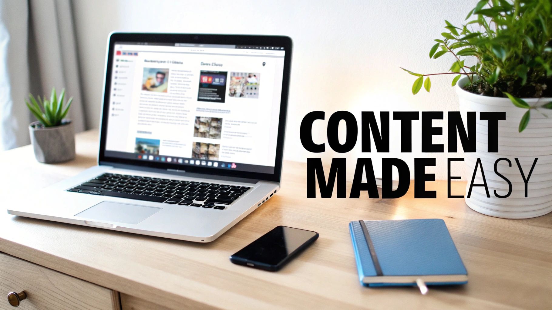 A laptop on a wooden desk with a content-rich website, smartphone, notebook, and plants. Text reads 'CONTENT MADE EASY'.