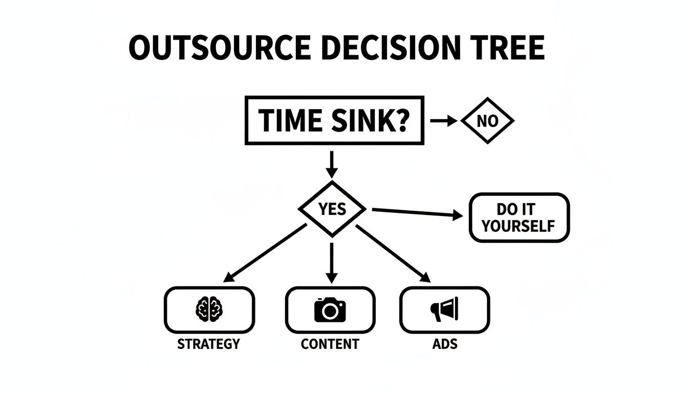 Decision tree flowchart explaining when to outsource tasks like strategy, content, or ads.