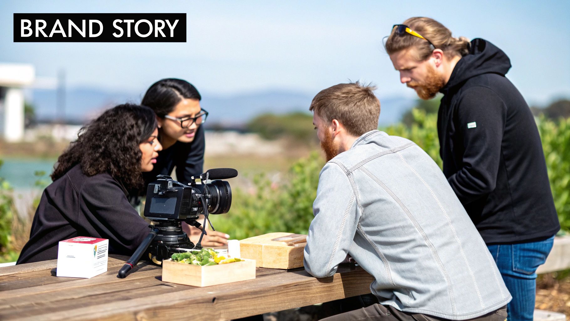 Professional video production team filming brand story content outdoors with camera equipment and product samples