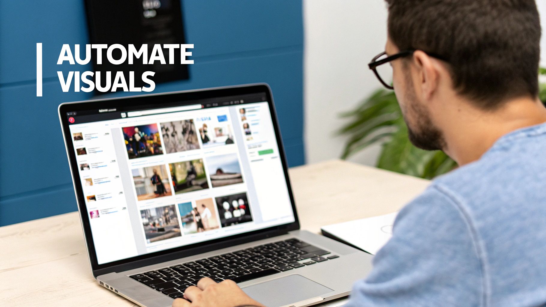 A person viewing a laptop screen filled with various images, with text overlay 'AUTOMATE VISUALS'.