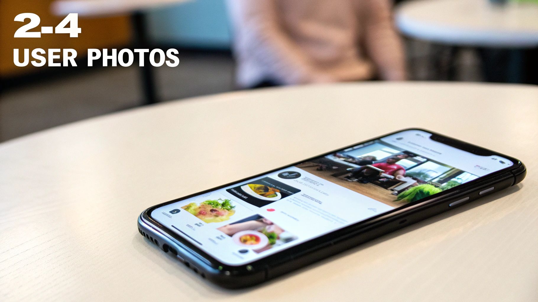 A smartphone displays user photos on a social media feed with food and lifestyle images on a table.