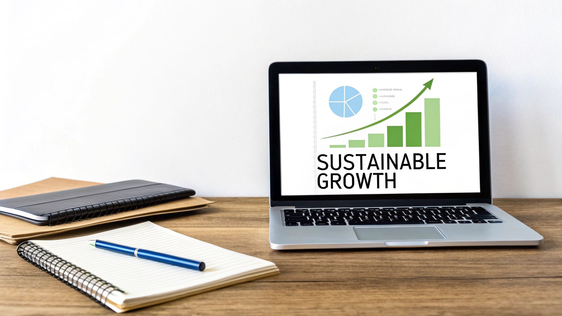 A laptop on a wooden desk displays a 'Sustainable Growth' chart with rising bars and an arrow, next to a notebook and pen.