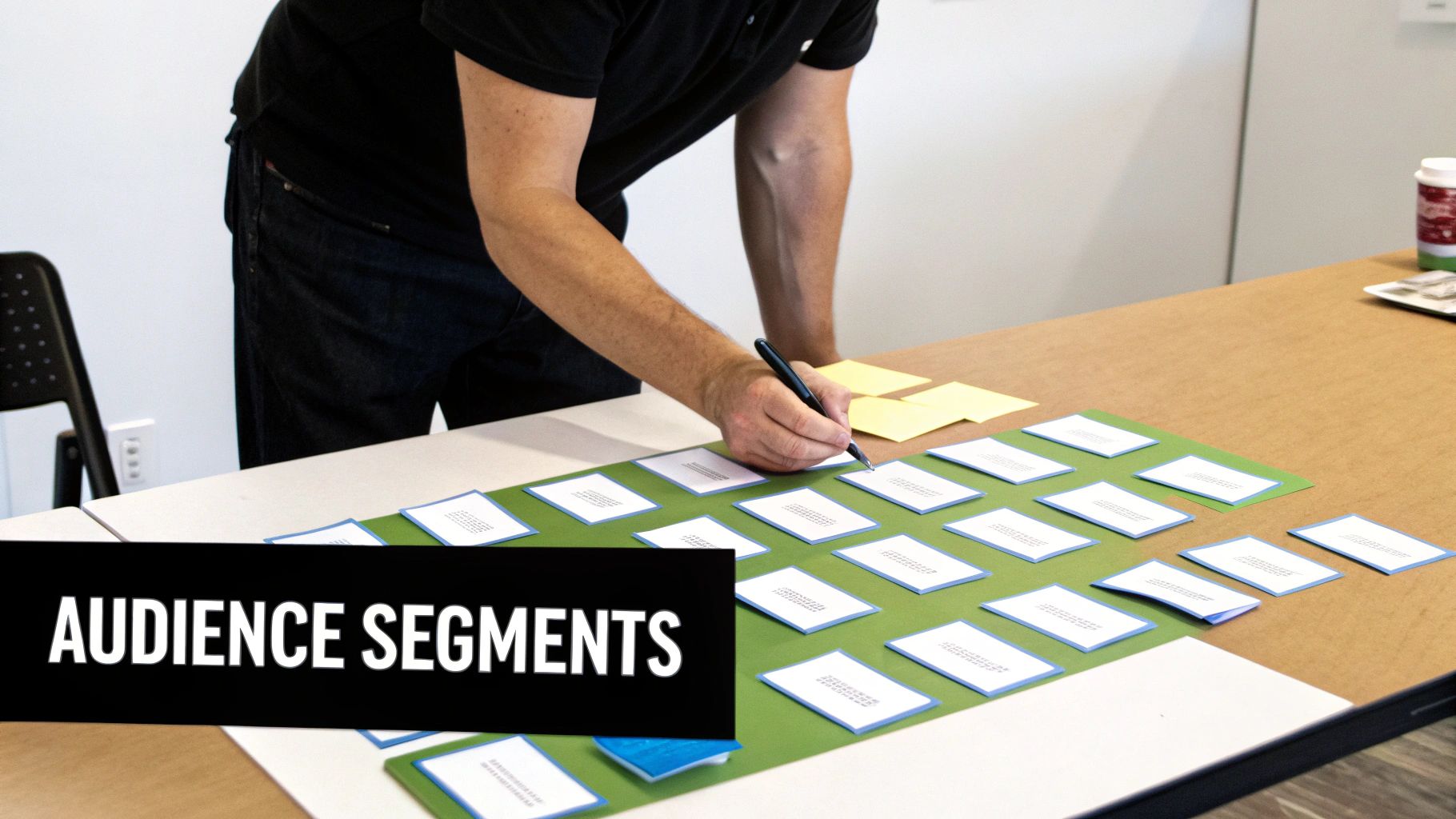 A person writes on small white cards arranged on a green mat, identifying audience segments.