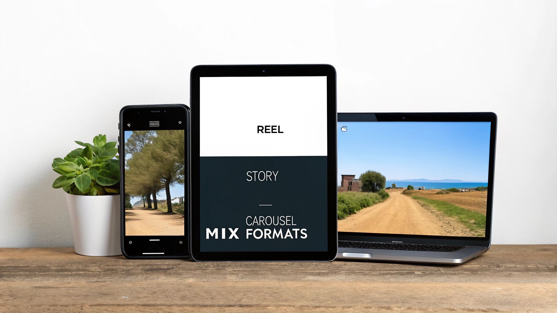 A smartphone, tablet, and laptop display various digital content formats on a wooden desk.