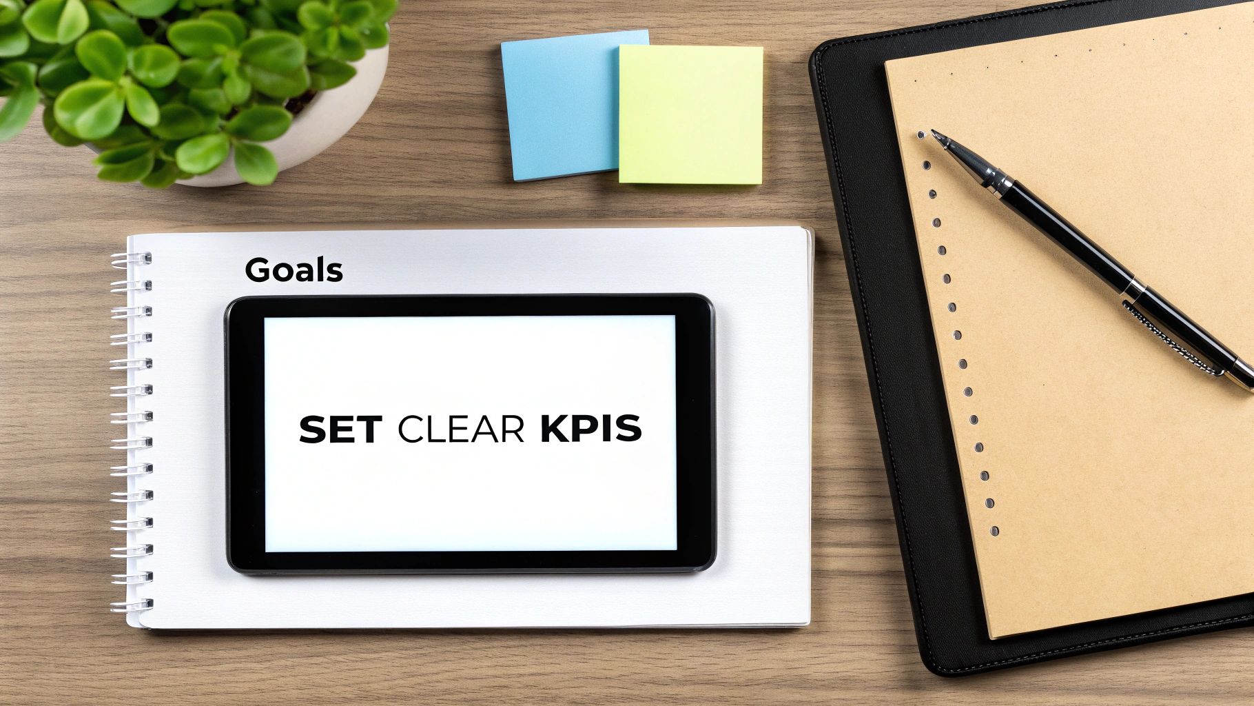 Overhead shot of a desk with a plant, notebooks, sticky notes, and a tablet displaying 'SET CLEAR KPIS'.