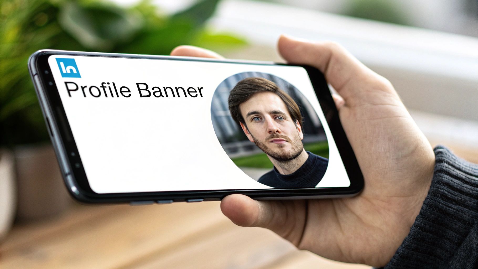 A person holding a smartphone displays a LinkedIn profile banner with a man's profile picture.