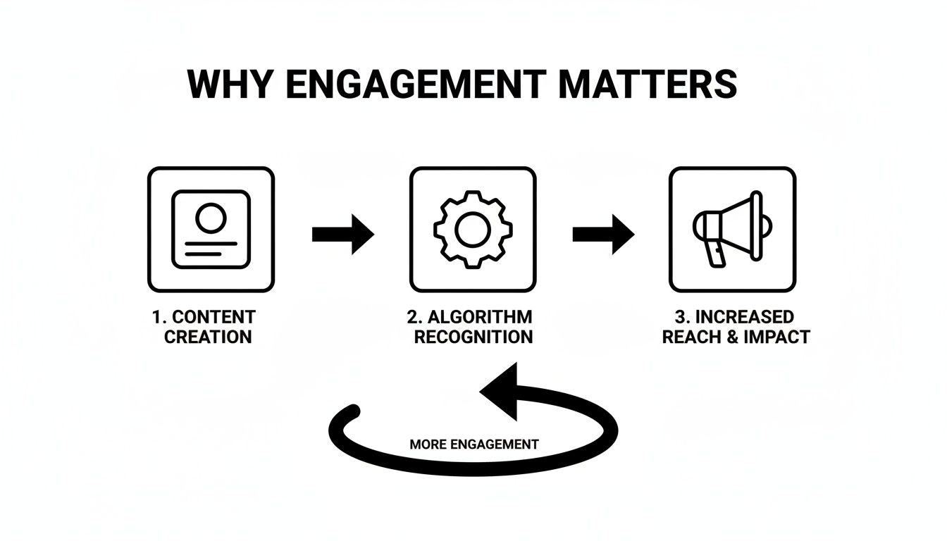 Diagram illustrating content creation leading to algorithm recognition, increased reach, and a cycle of more engagement.