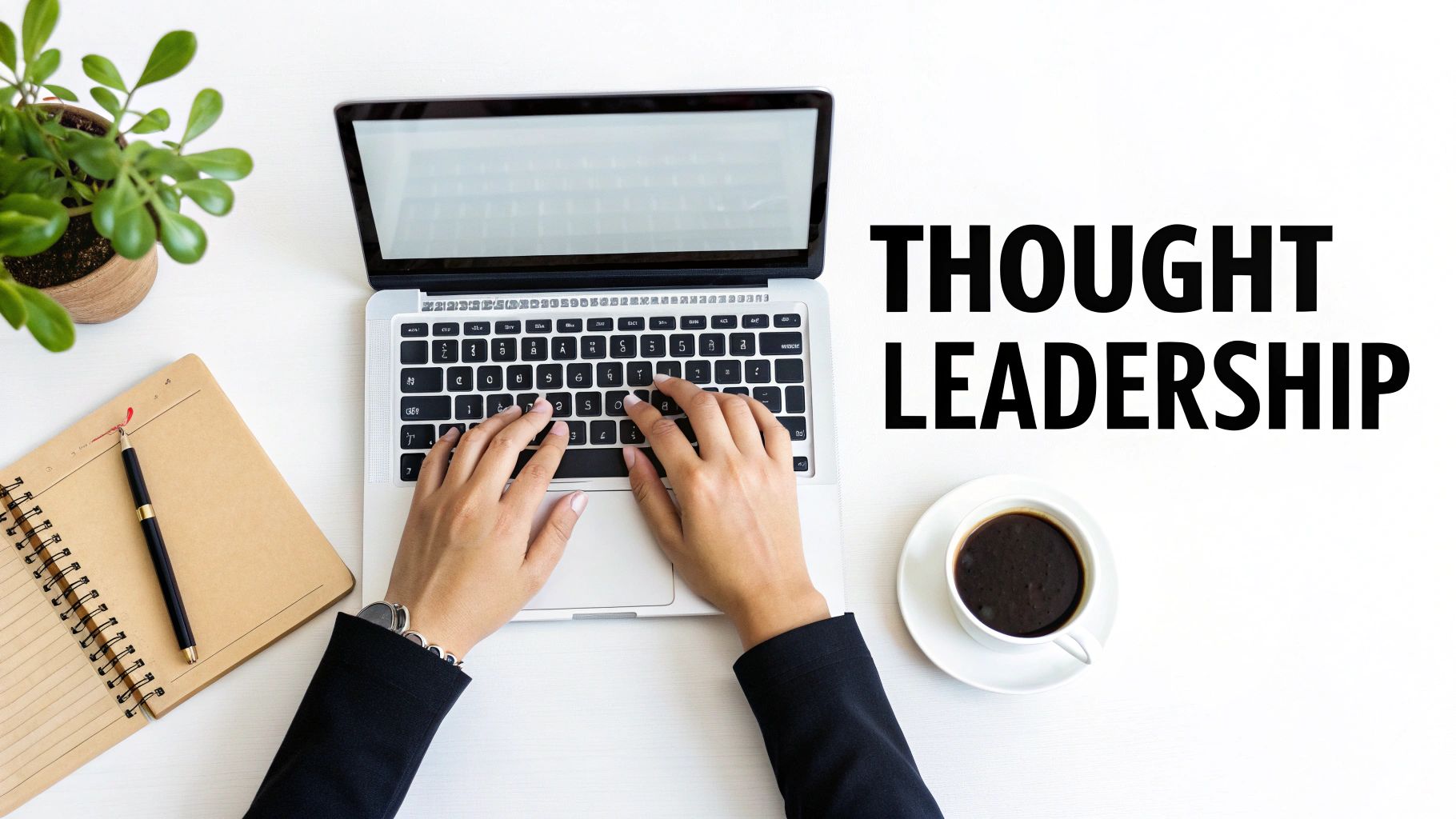 Overhead view of a person typing on a laptop, with a plant, notebook, and coffee on a white desk. Text: THOUGHT LEADERSHIP.