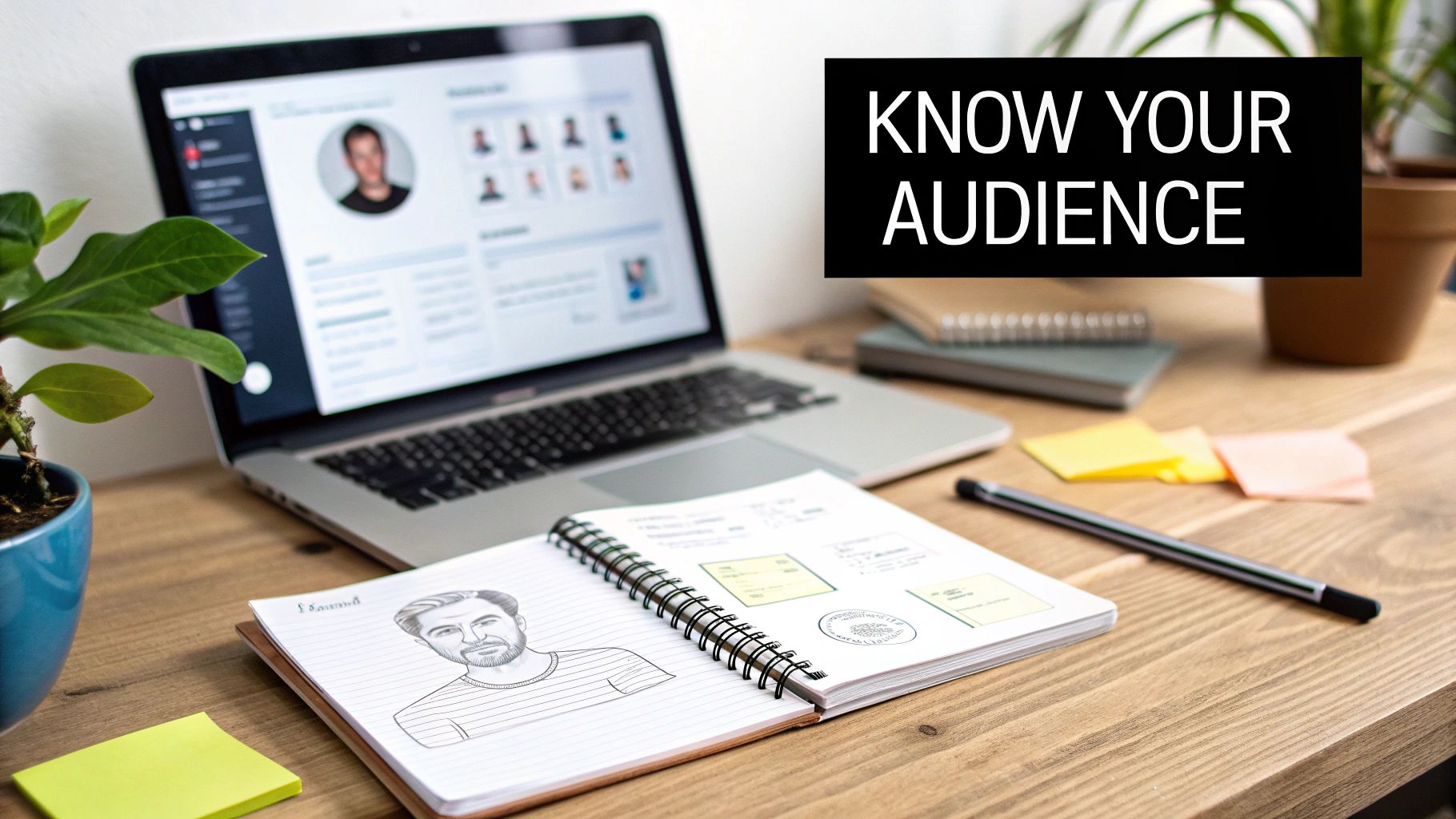 A desk setup with a laptop showing profiles, an open notebook with a sketched man, and 'KNOW YOUR AUDIENCE' text.