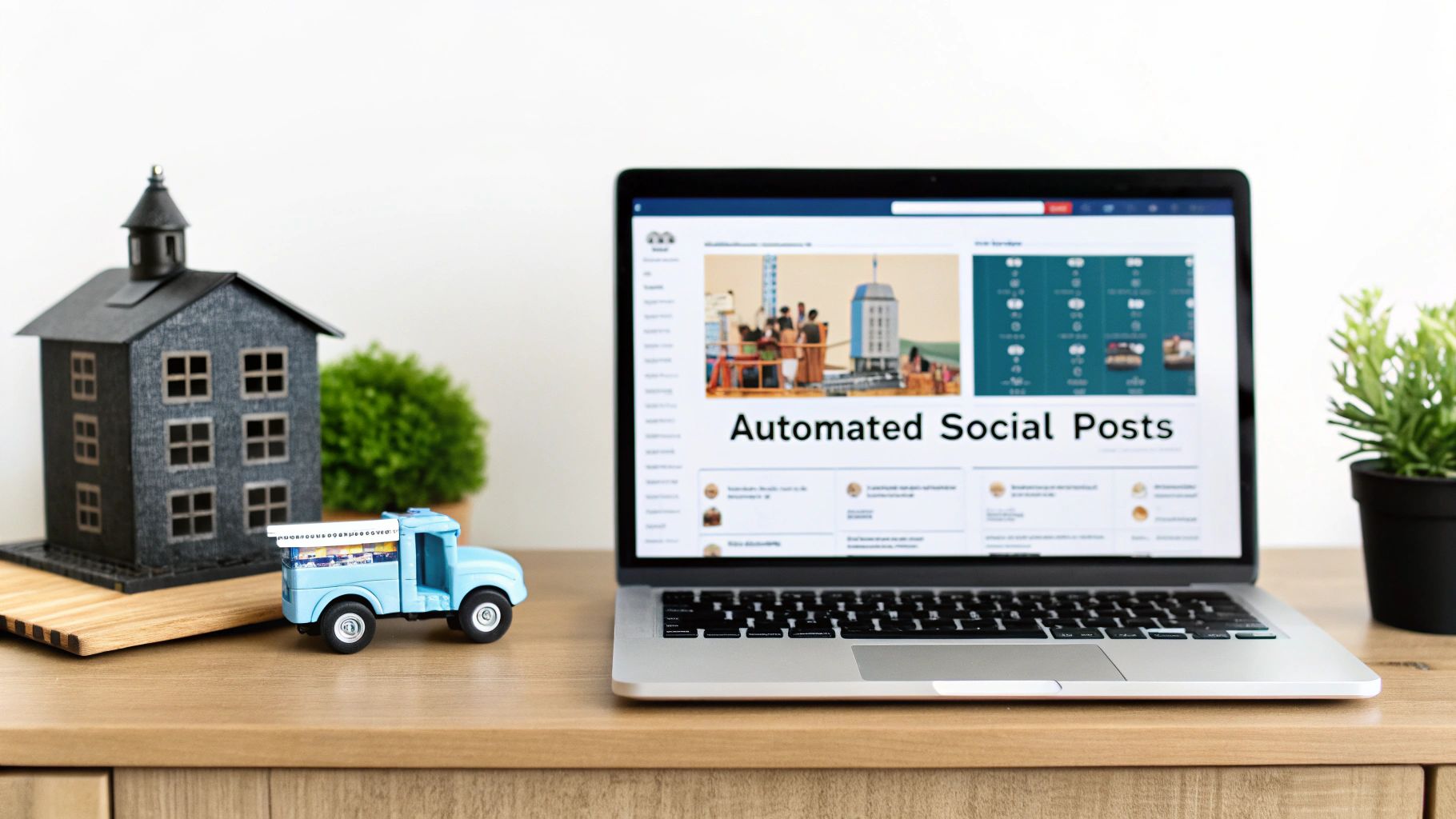 Laptop displaying 'Automated Social Posts' software on a desk with a miniature house and plant.