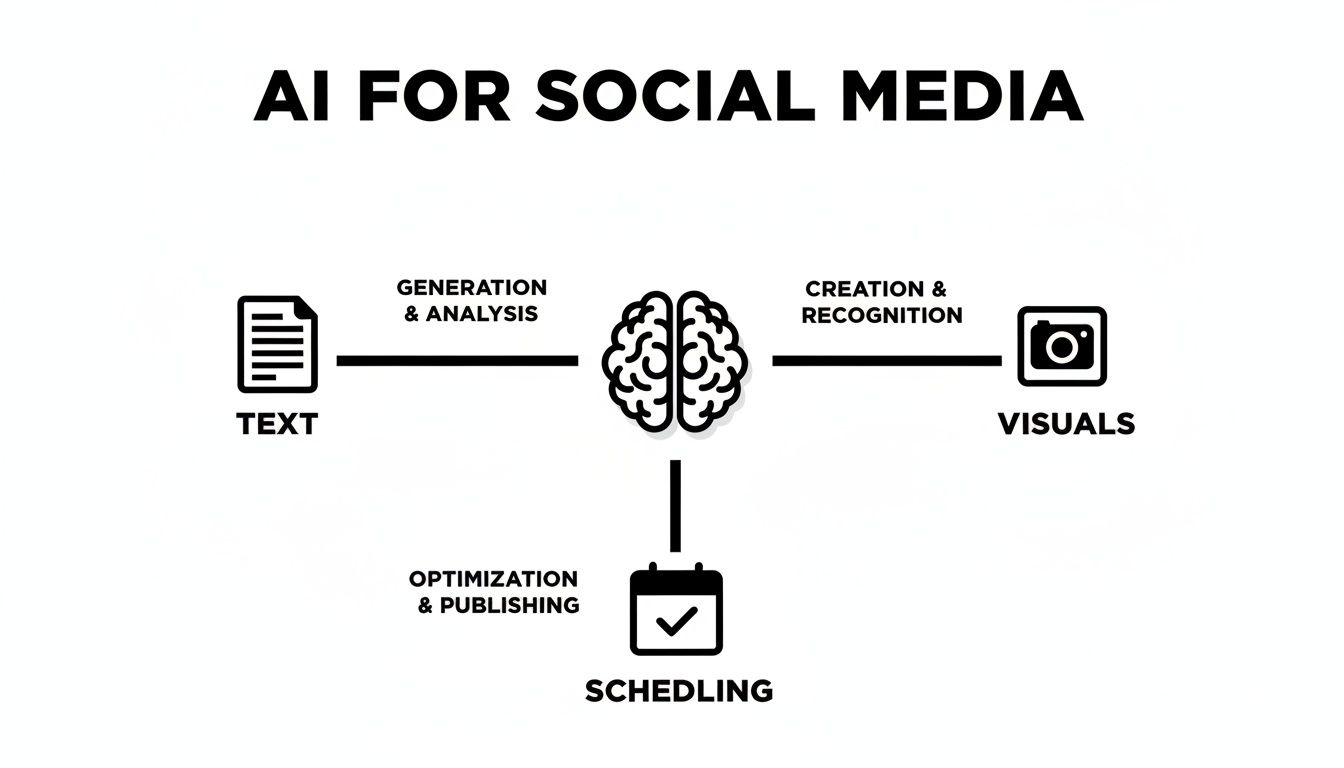 Diagram showing how AI is used for social media, connecting text generation, visual creation, and scheduling.