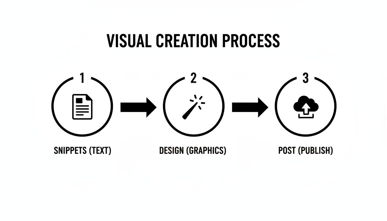 A visual creation process flowchart illustrating three steps: snippets (text), design (graphics), and post (publish).