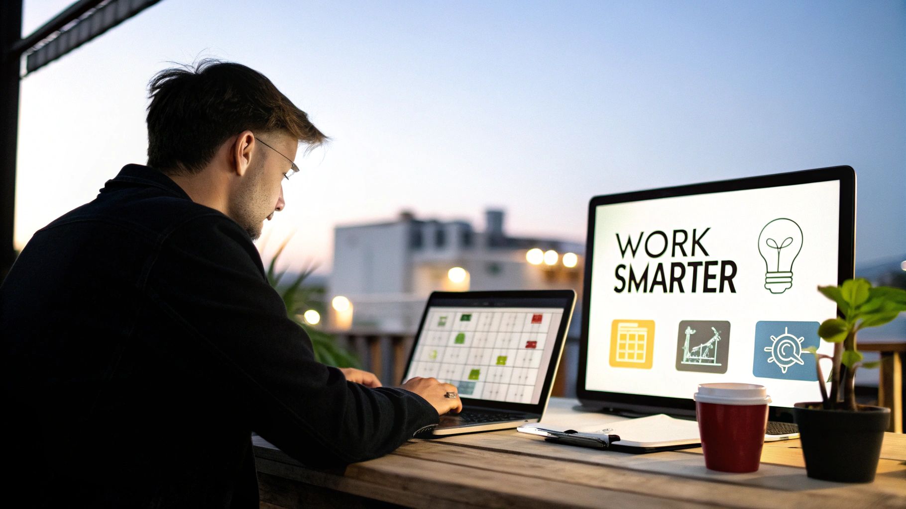 Man working on laptop with a second monitor displaying 'Work Smarter' outdoors at dusk.