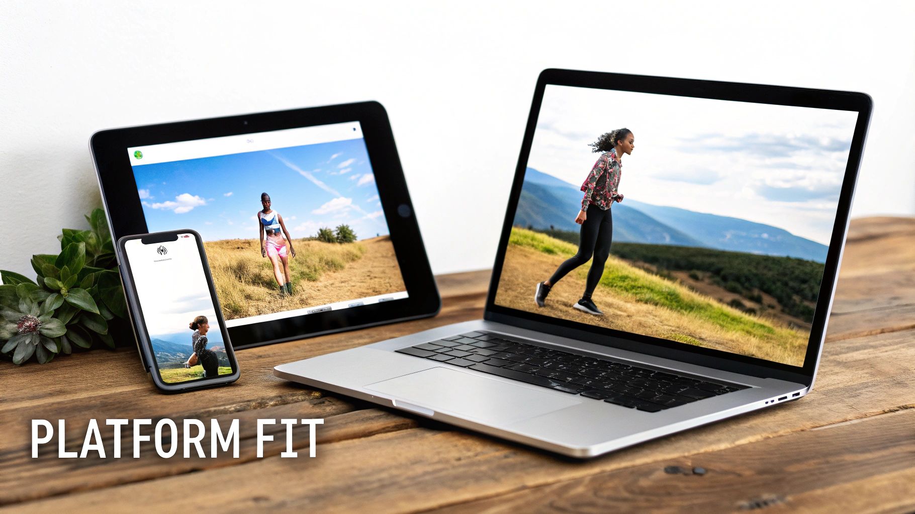 A tablet, smartphone, and laptop displaying active people outdoors, on a wooden surface.
