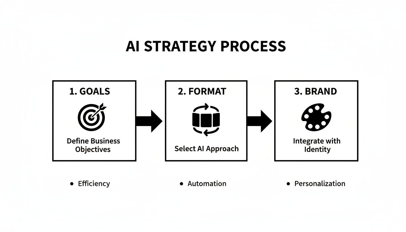 Flow diagram of the AI strategy process, outlining goals, format, and brand integration steps.