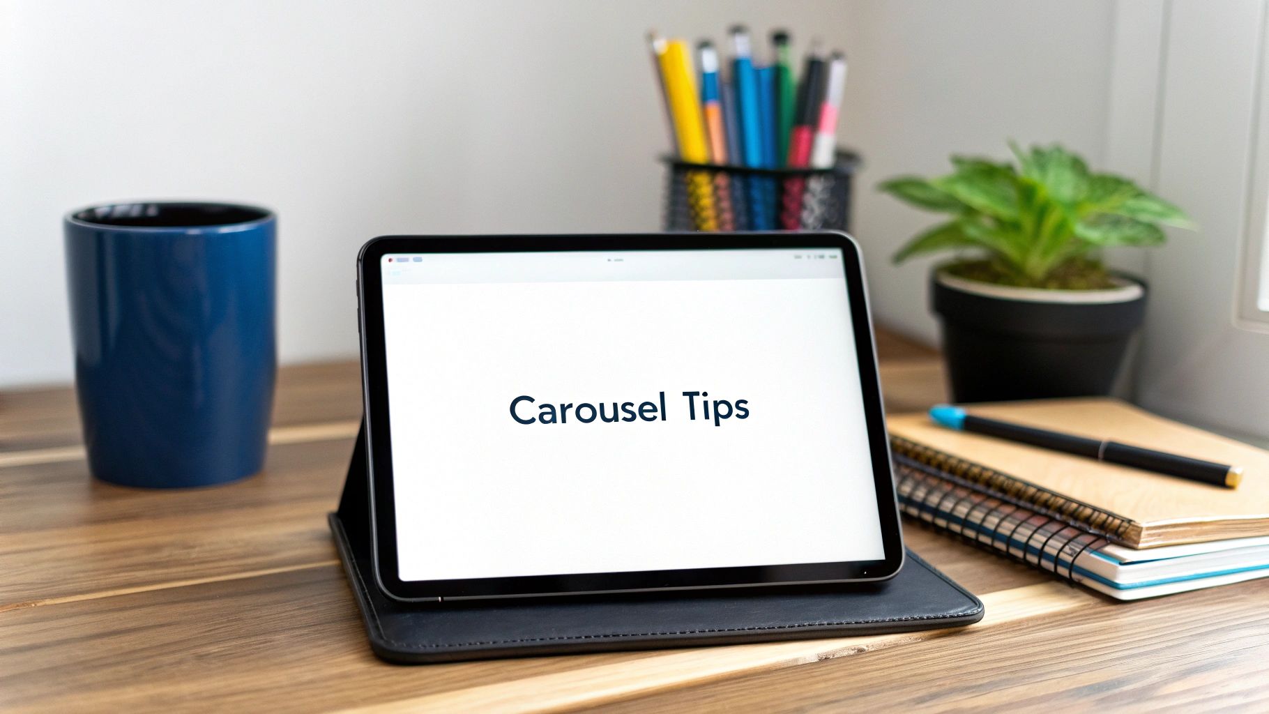 A tablet displaying 'Carousel Tips' on a wooden desk with a mug and office supplies.