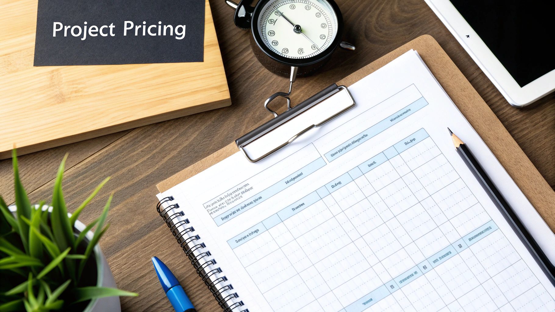 A flat lay of a wooden desk with 