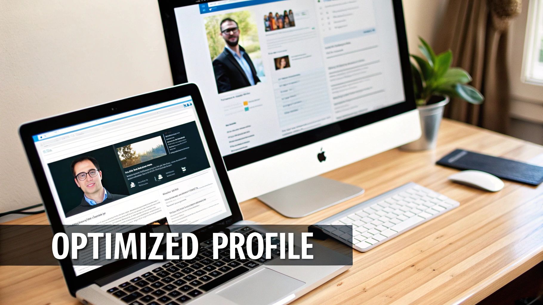 Laptop and desktop computers displaying optimized professional profiles on a wooden desk with a keyboard.