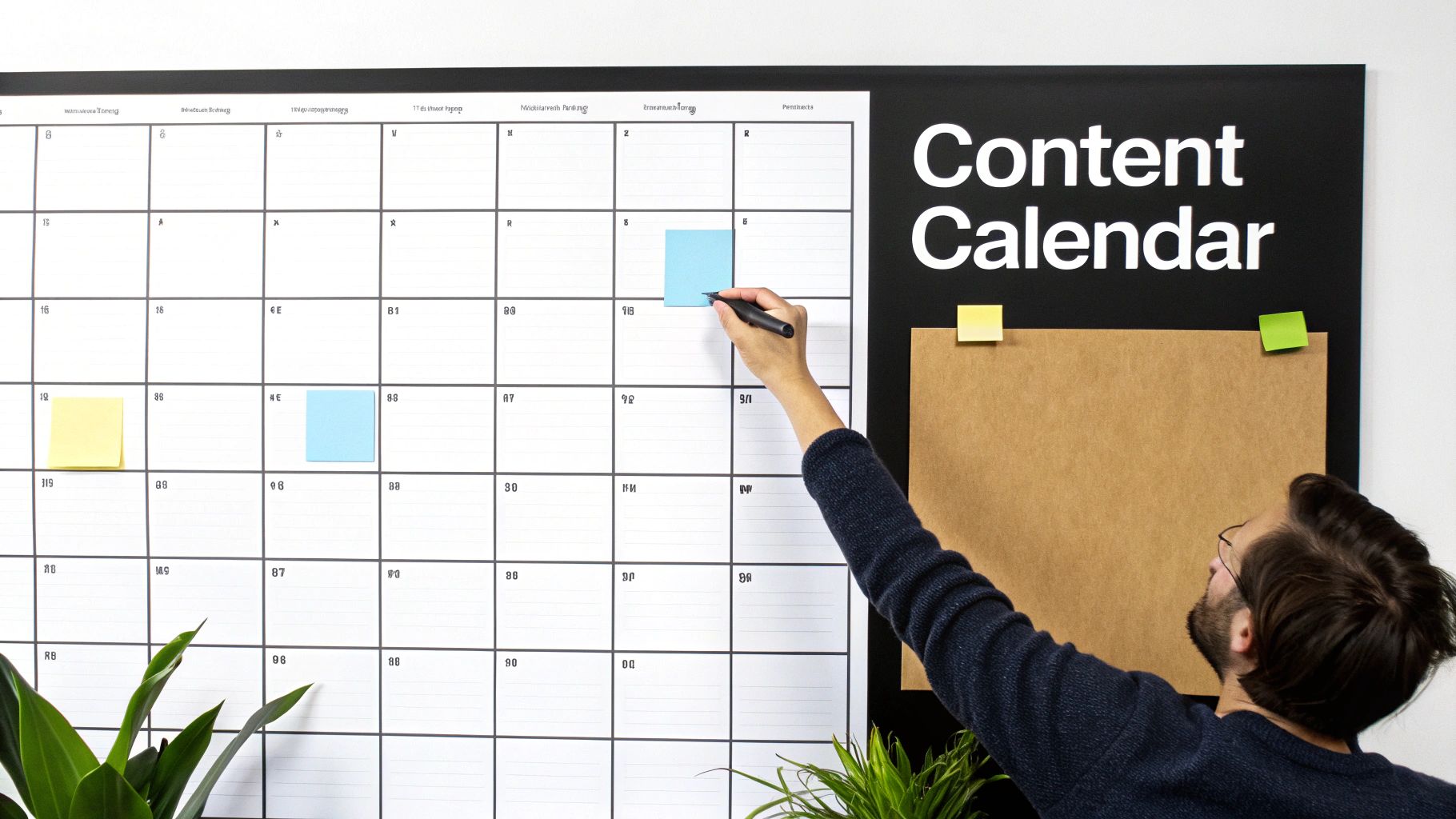 A person writes on a large white content calendar, with a blue sticky note highlighted.