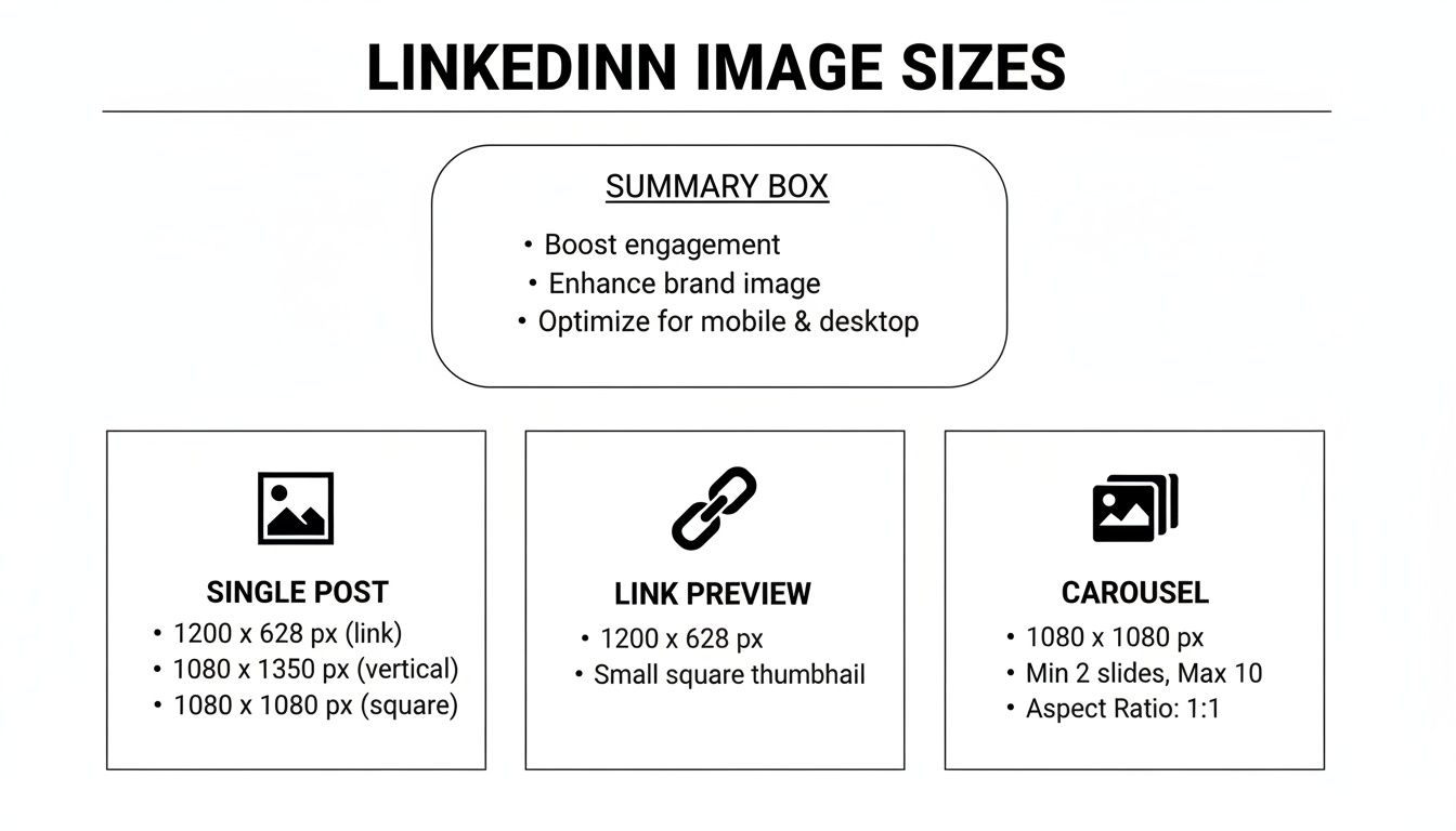 A detailed guide to LinkedIn image sizes for single posts, link previews, and carousels, with resolutions.