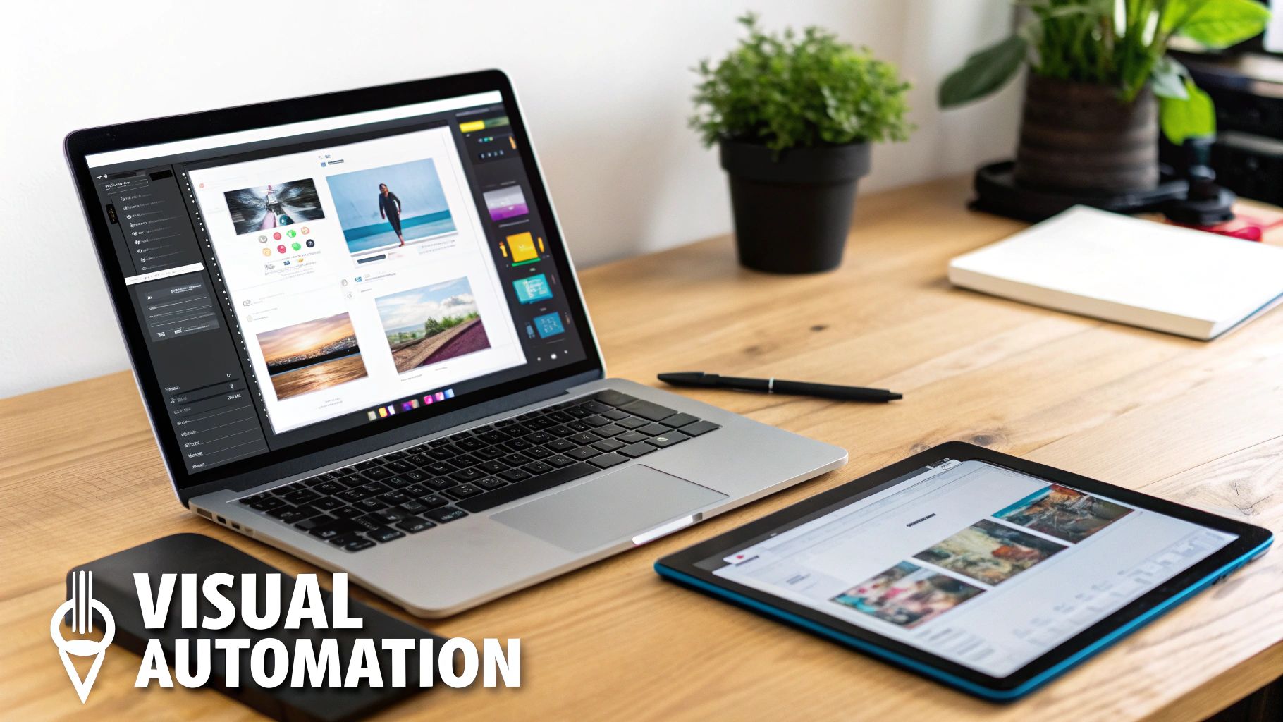 Modern workspace with a laptop and tablet on a wooden desk, showing visual content.