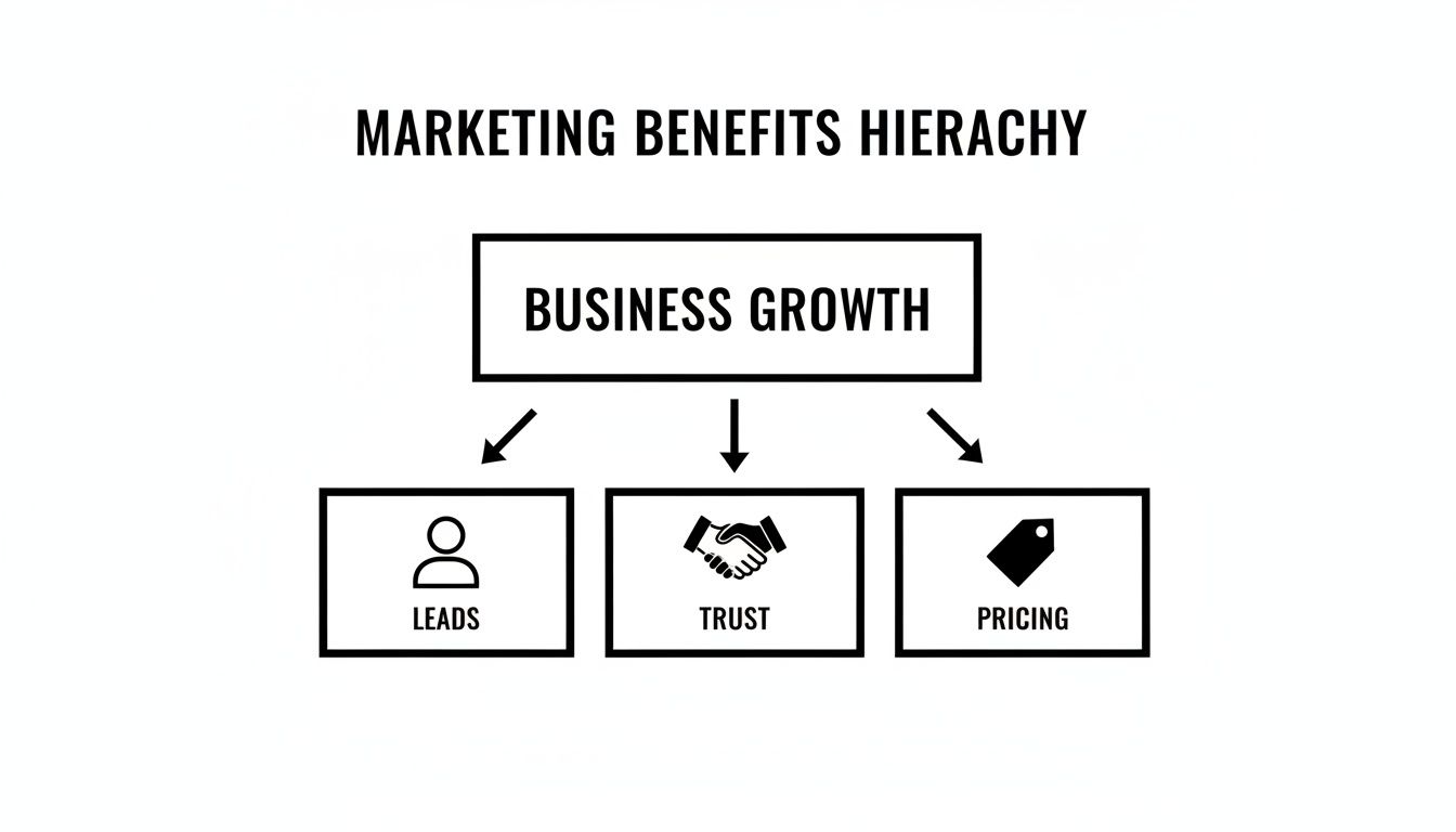 A marketing benefits hierarchy diagram showing business growth achieved through leads, trust, and pricing strategies.