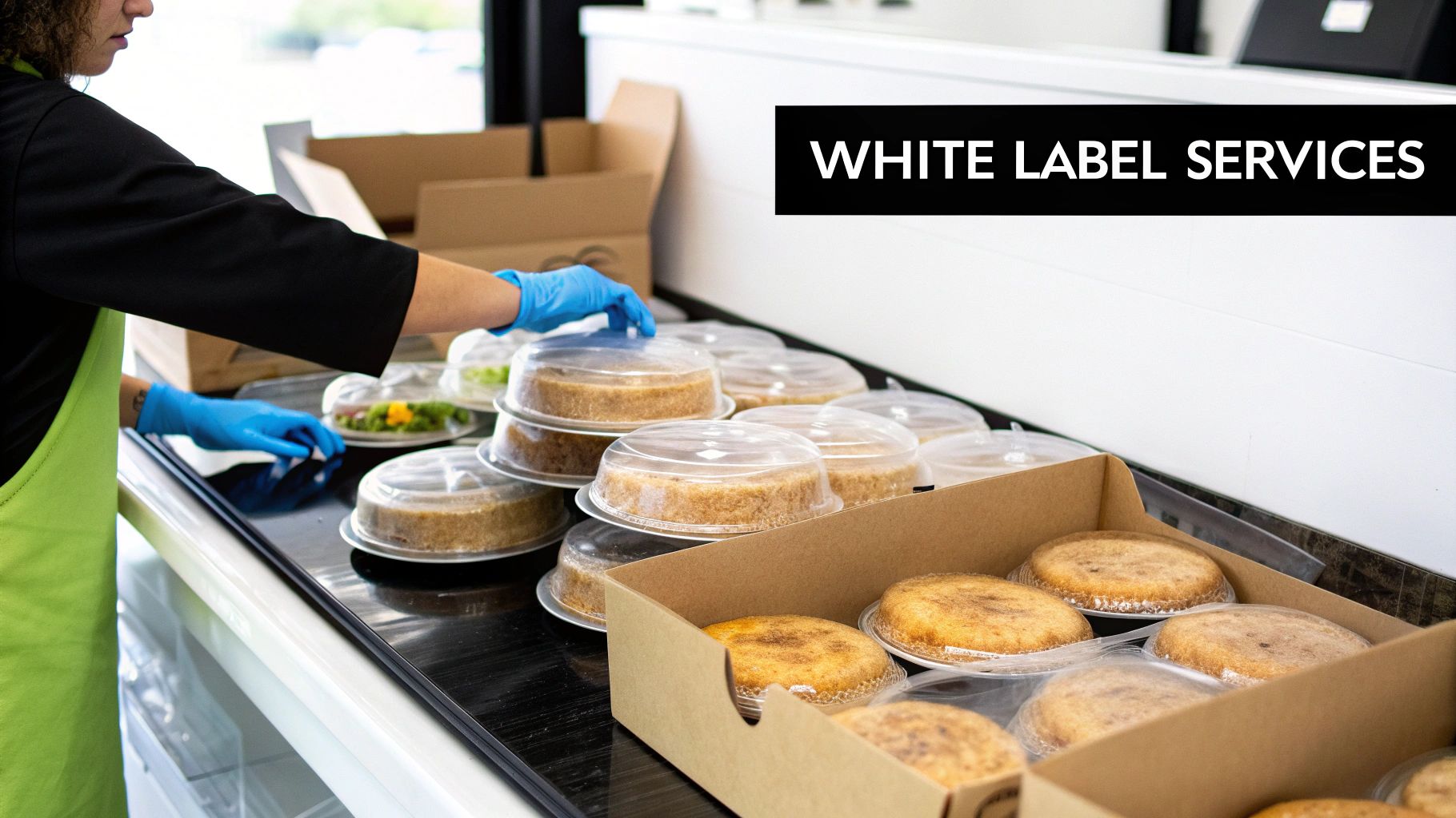 Person in blue gloves packaging individually portioned cakes and salads in a commercial kitchen.