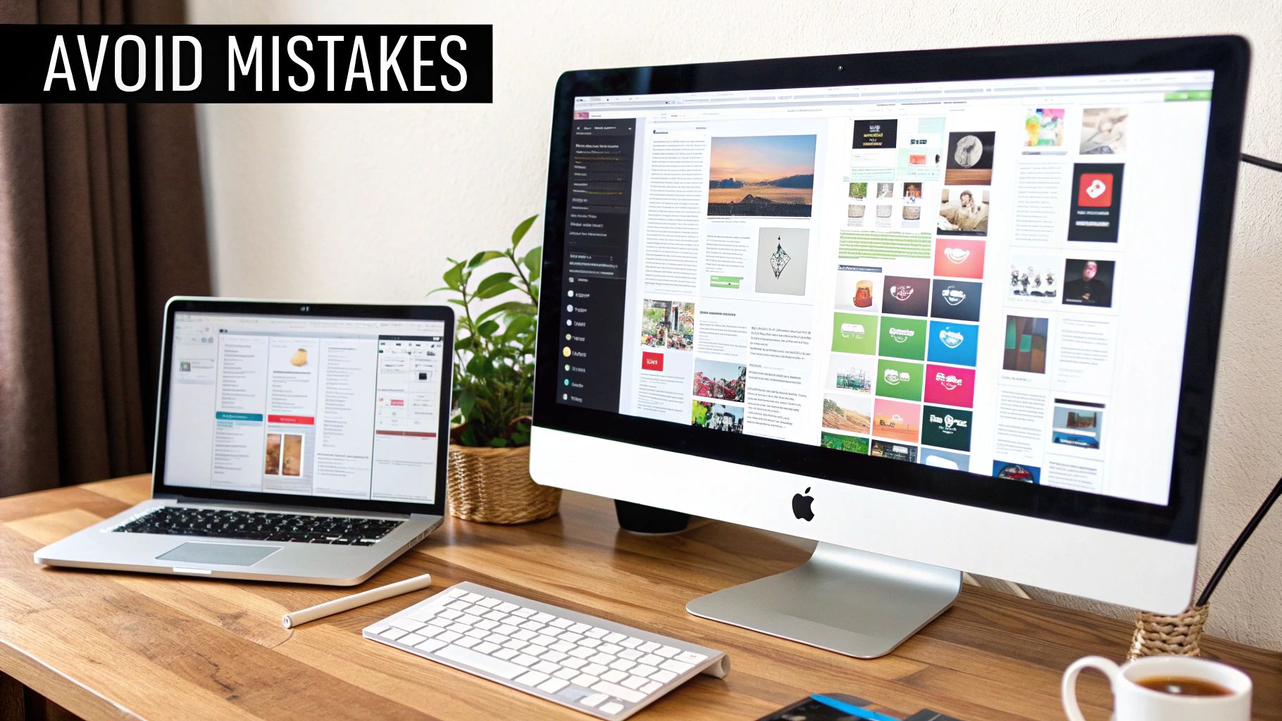 A modern workspace with a laptop, an Apple iMac displaying websites, a keyboard, and a plant on a wooden desk.