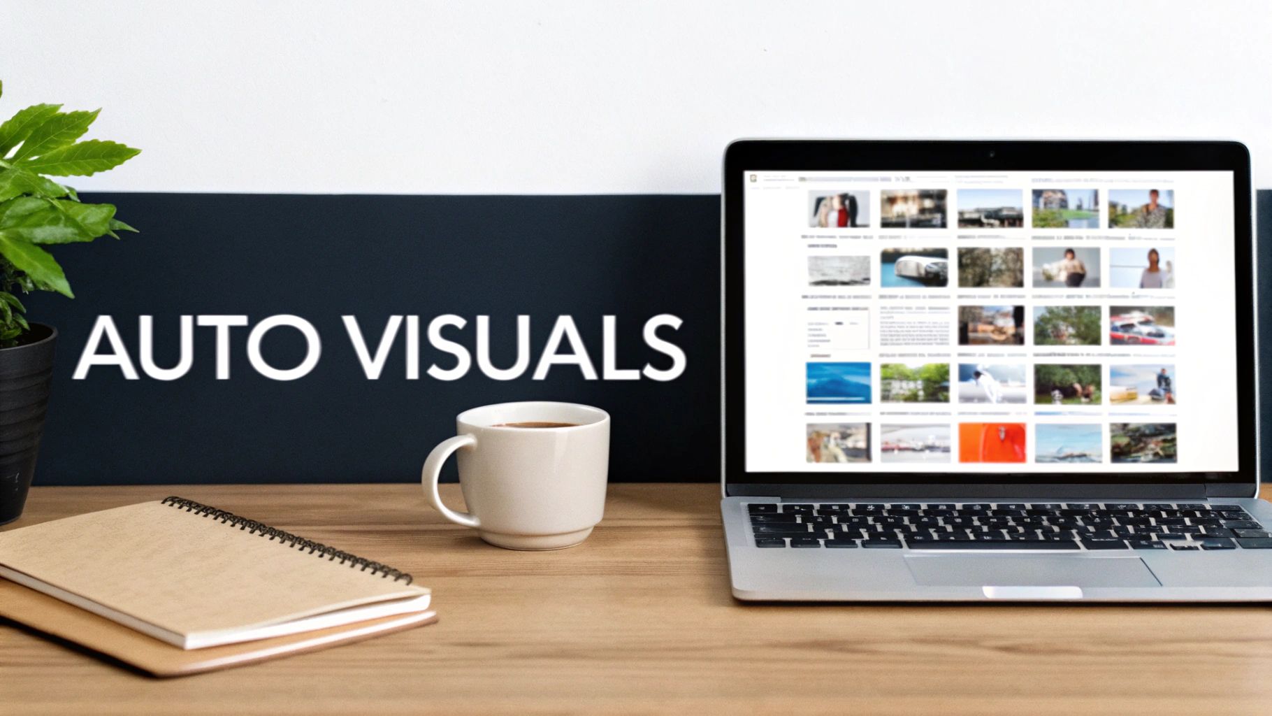 A modern workspace with a laptop displaying a photo gallery, a coffee cup, and notebooks on a desk.