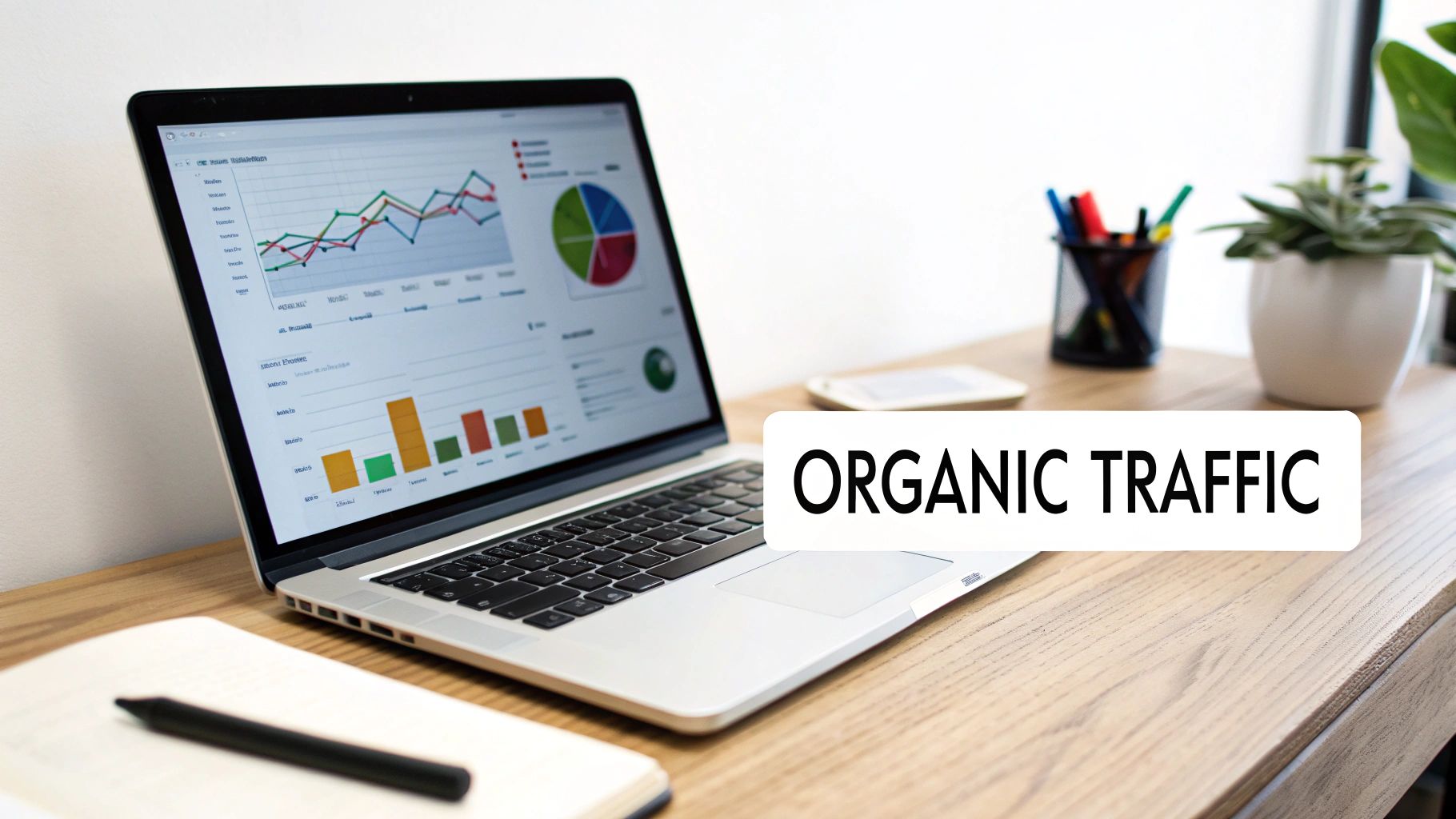 Laptop displaying marketing analytics graphs and charts, with 'ORGANIC TRAFFIC' text on a desk.
