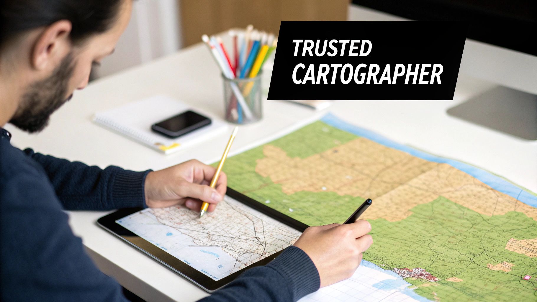 A cartographer uses a tablet and a physical map to work, with pencils and pens on the desk.