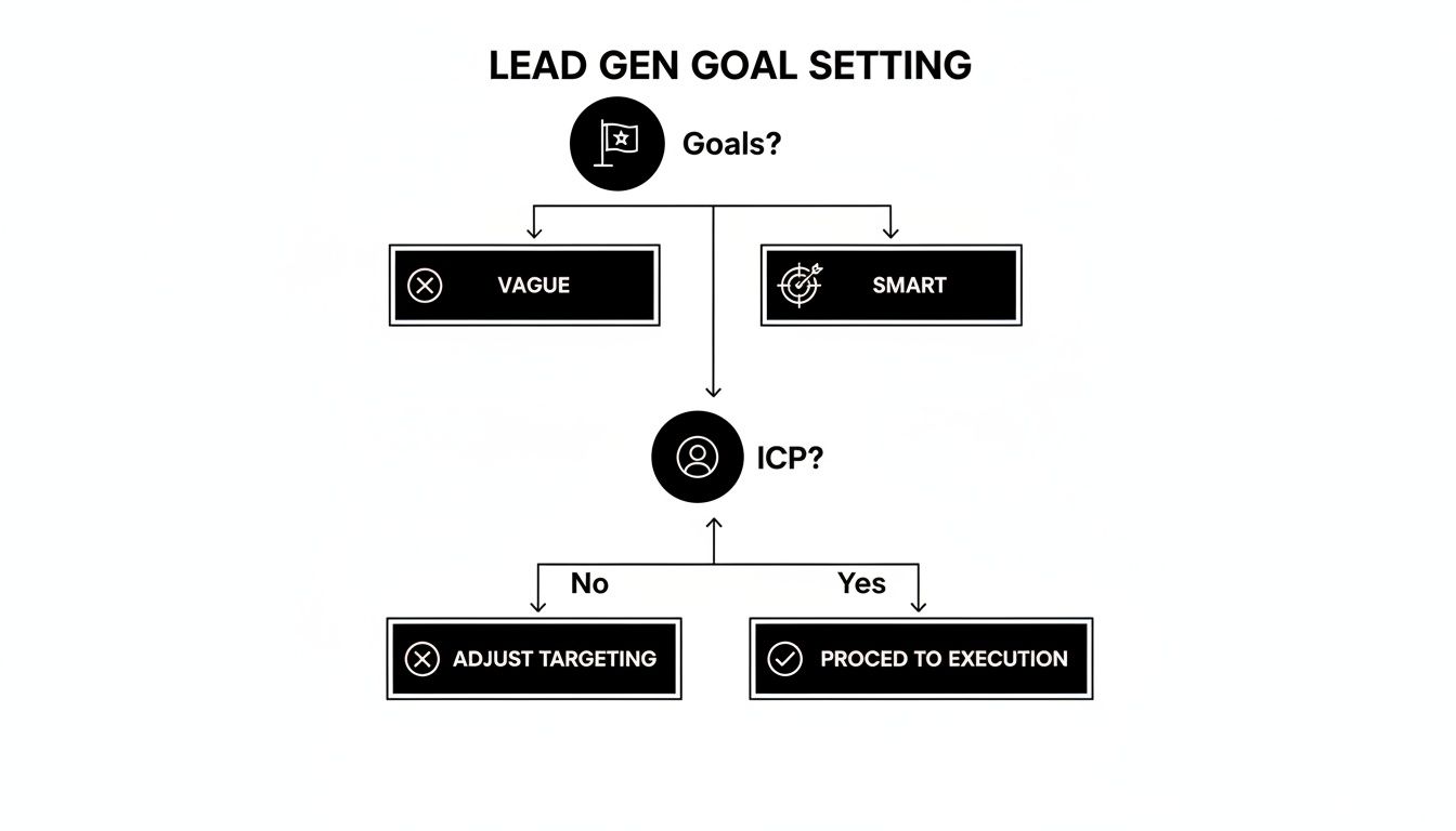 Flowchart illustrating lead generation goal setting, differentiating vague vs. SMART goals and ICP.