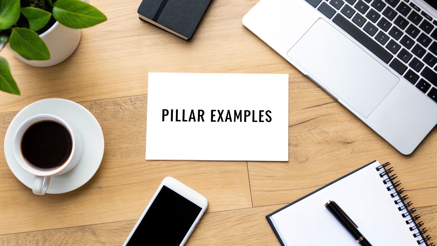Flat lay of a wooden desk with a laptop, coffee, plant, and a card showing 'PILLAR EXAMPLES'.